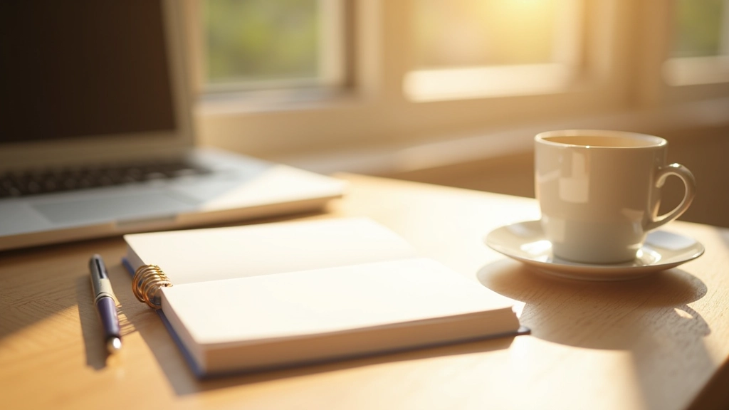 Schreibtisch mit Planer, Stift und Kaffee, helles Fenster im Hintergrund