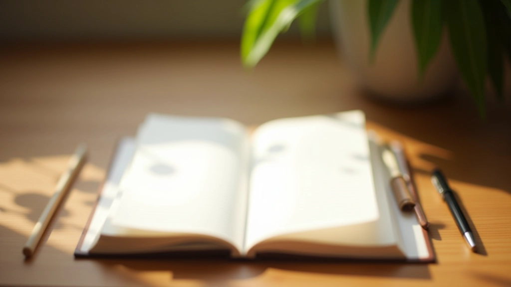 Schreibtisch mit offenen Tagebuchseiten, Stift und inspirierenden Zitaten an der Wand