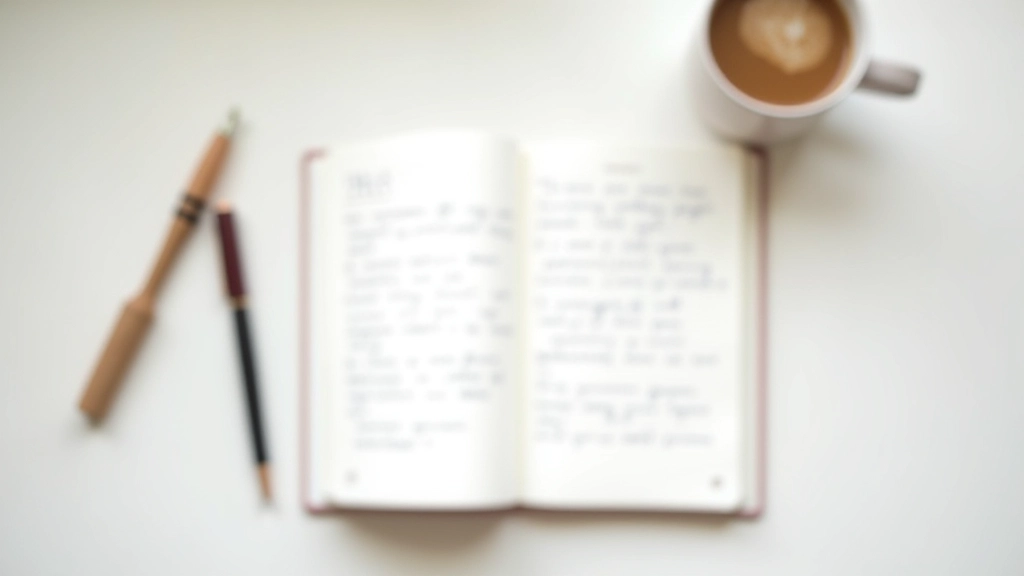 Schreibtisch mit Stift, Kaffeetasse und offenenem Tagebuch mit Stichpunkten und Notizen