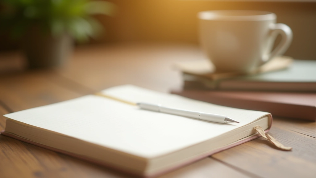 Notizbuch und Stift auf Schreibtisch mit Tee, morgendliches Setup für Journaling