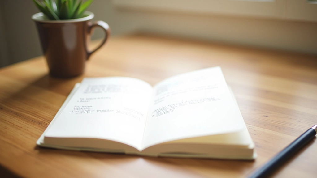 Offenes Notizbuch auf Holztisch mit Kaffeetasse und Stift neben Fenster