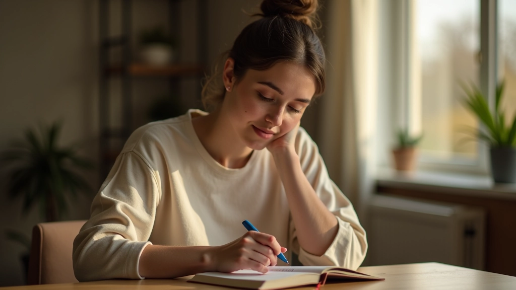 Person sitzt am Tisch und liest aus Notizbuch, konzentrierter Blick, morgendliches Licht