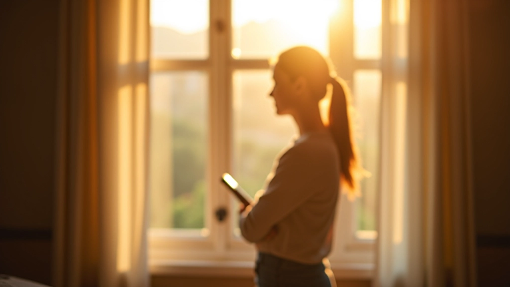 Person am Fenster am frühen Morgen, natürliches Licht von außen, ruhige Atmosphäre
