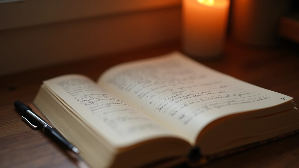 Persönliches Journal mit Reflexionen, Stift und offene Seiten für Abendnoten