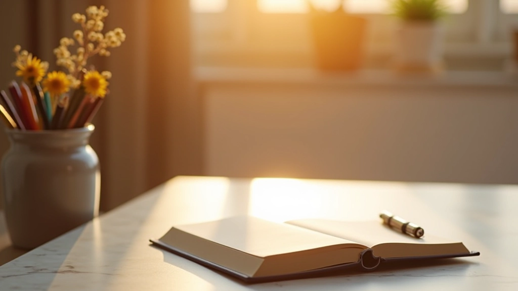 Schreibtisch-Arrangement mit Tagebuch, verschiedenen Stiften und einer Schale mit Trockenblumen in warmer Beleuchtung