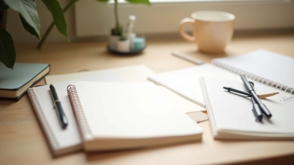 Verschiedene Notizbücher und Stifte auf Schreibtisch arrangiert