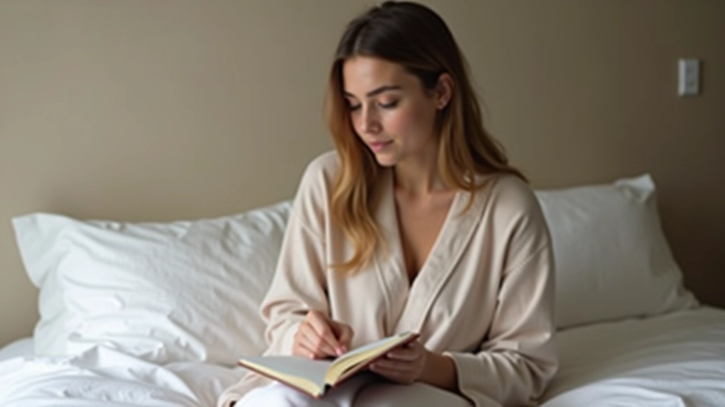 Person mit entspannter Körperhaltung sitzt auf dem Bett und blickt nachdenklich auf die offene Seite ihres Tagebuchs