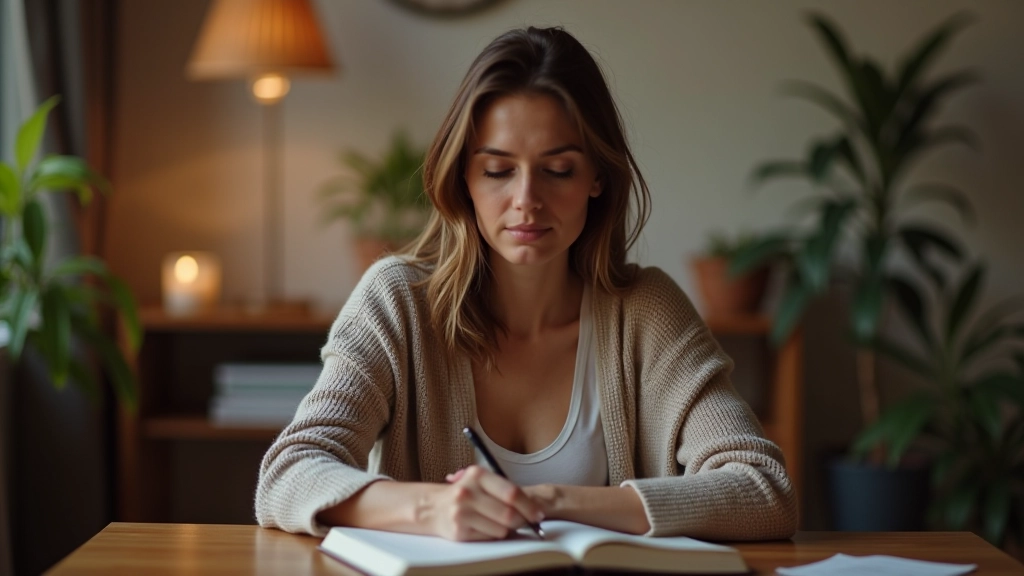 Person schreibt in ein Notizbuch in einem gemütlichen Wohnzimmer bei warmem Abendlicht