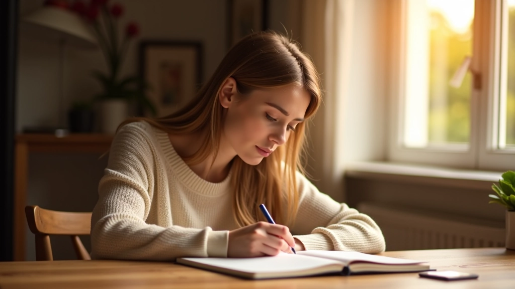 Person schreibt in ein Tagebuch mit Tasse Kaffee auf dem Tisch, warmes Licht