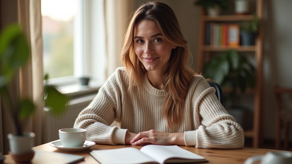 Person beim morgendlichen Schreiben mit Kaffee und Notizbuch in ruhiger Umgebung