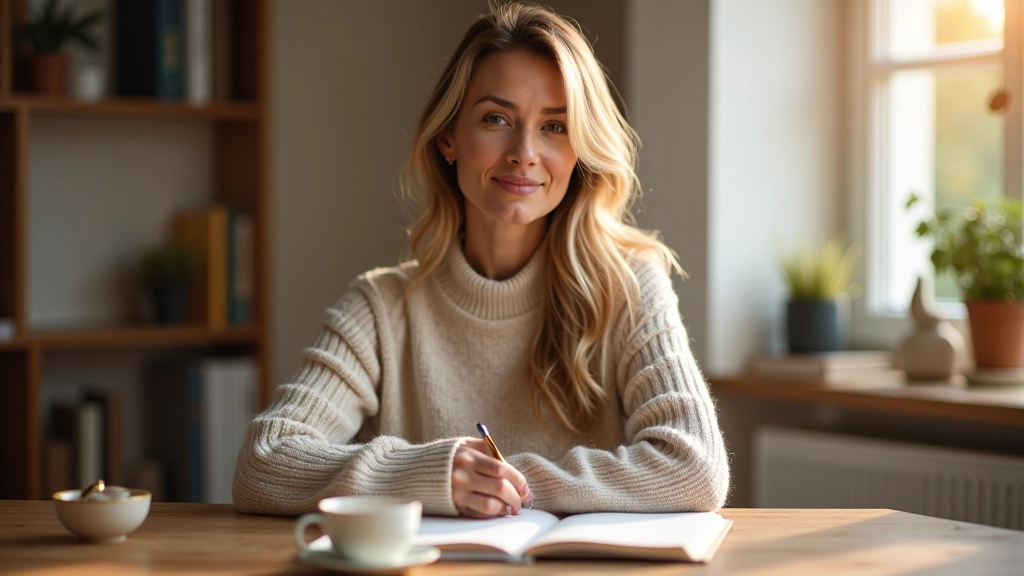 Petra Müller arbeitet an ihrem Schreibtisch mit Notizbuch und Tasse Tee, natürliches Licht aus dem Fenster